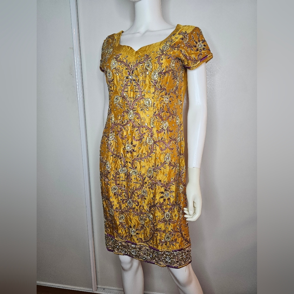 Gold Hand Embroidered Indian Kurti Tunic Top – Beaded Silk Festival Wear